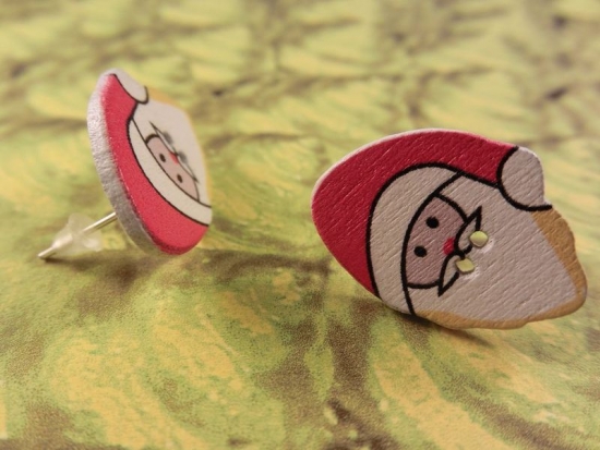 Weihnachtsmann Knopf Ohrstecker Holz Natur Button